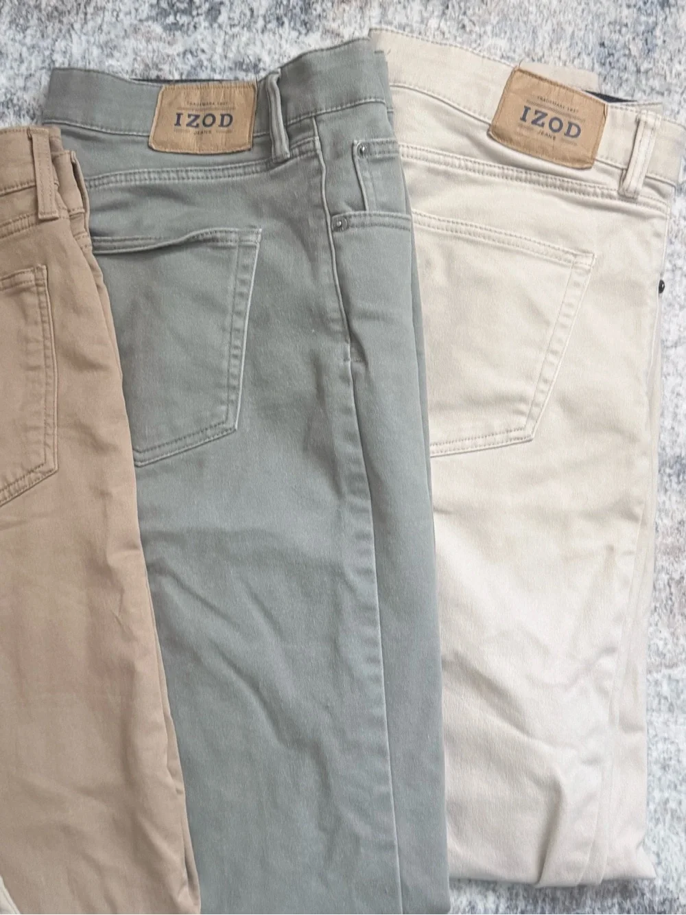 Banana Republic and Izod Chinos in Tan, Sage Green, and Cream. 36x34
